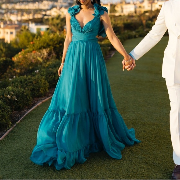 Mac Duggal 67911 Ruffle Strap Lace Up Cut Out Gown Turquoise 10 - Picture 3 of 9